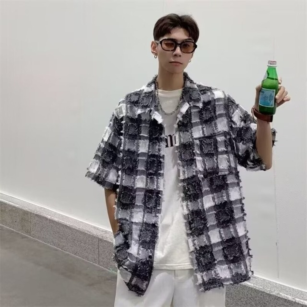 ペアルック 起毛チェック半袖シャツ ゆったりトレンドカップルウェア