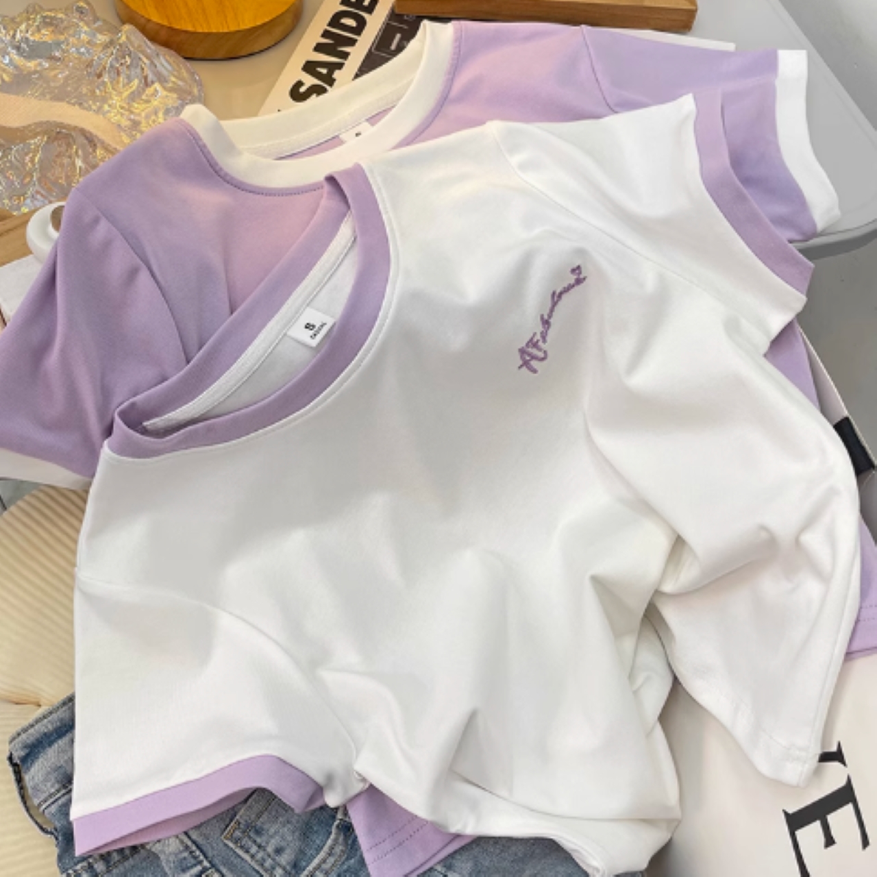 ハイウエスト短丈Tシャツ（韓国学生風、細見え） 双子コーデに◎