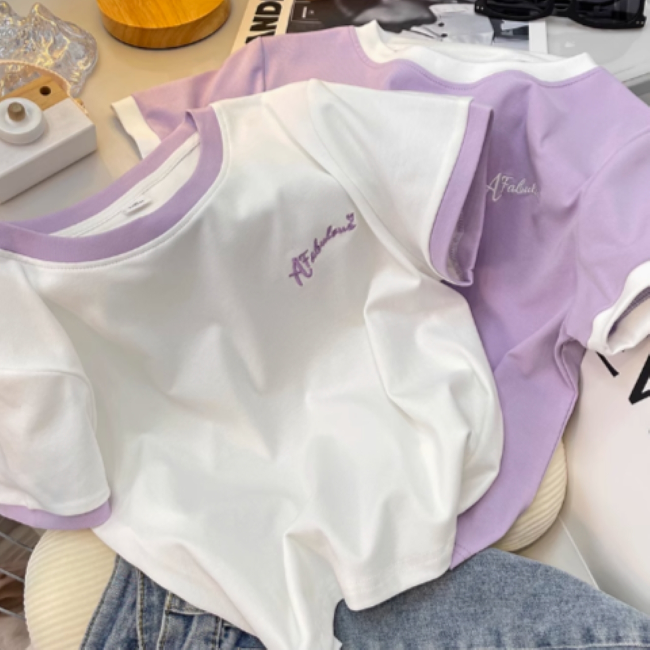 ハイウエスト短丈Tシャツ（韓国学生風、細見え） 双子コーデに◎