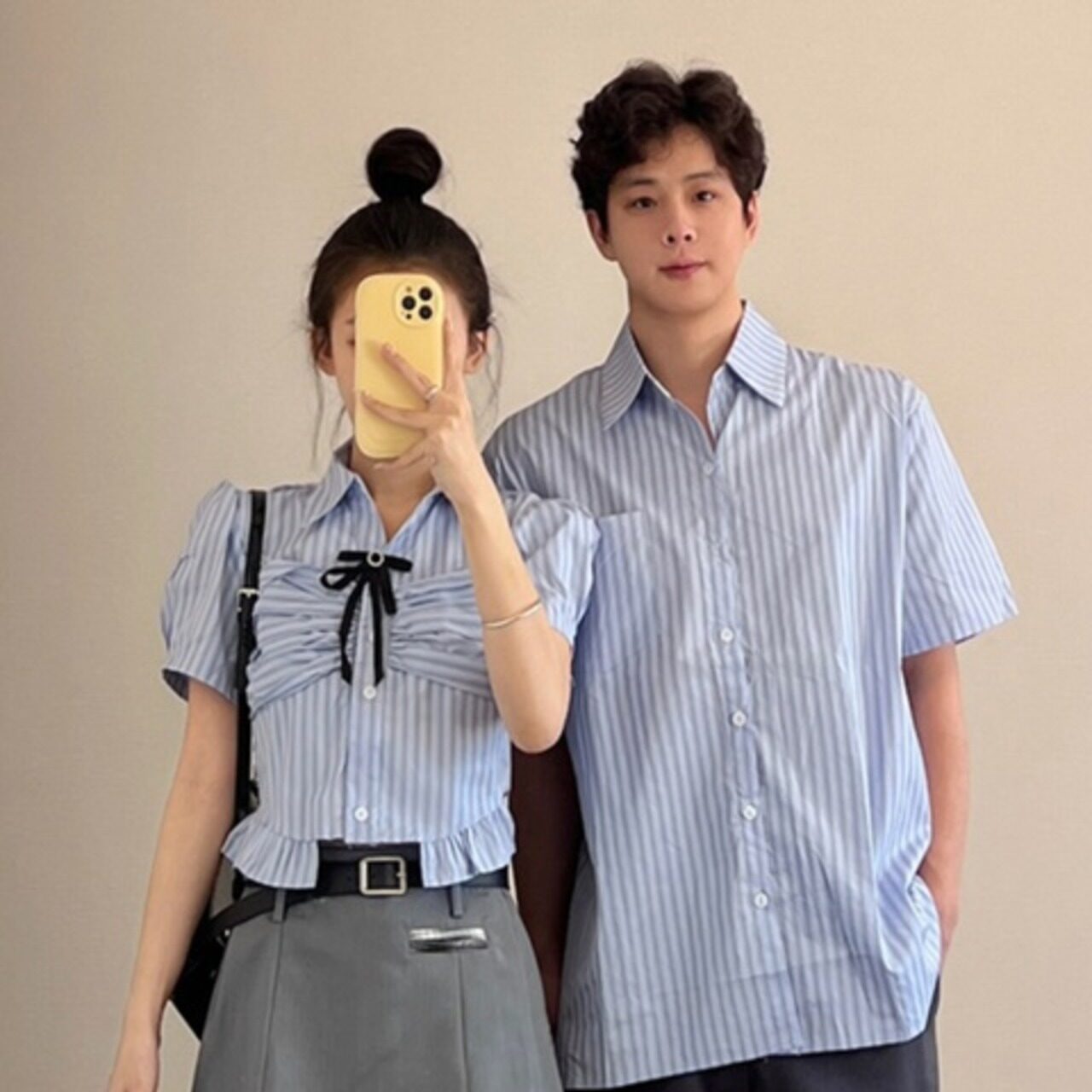 ペアルック 韓国カレッジ風ブルーストライプ半袖シャツ&ウエストスリムスカート