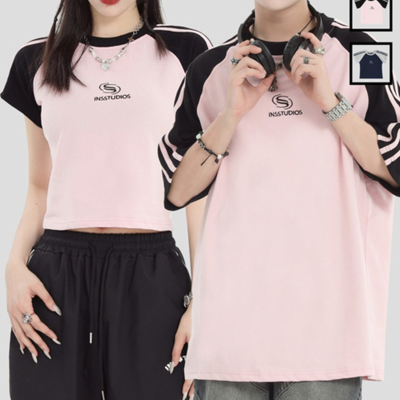 INSstudios レトロ配色ラグランボーダー 短丈カップルTシャツ