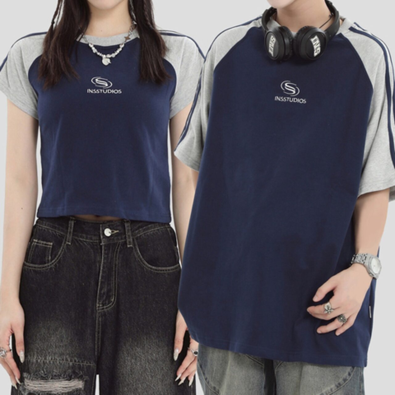 INSstudios レトロ配色ラグランボーダー 短丈カップルTシャツ