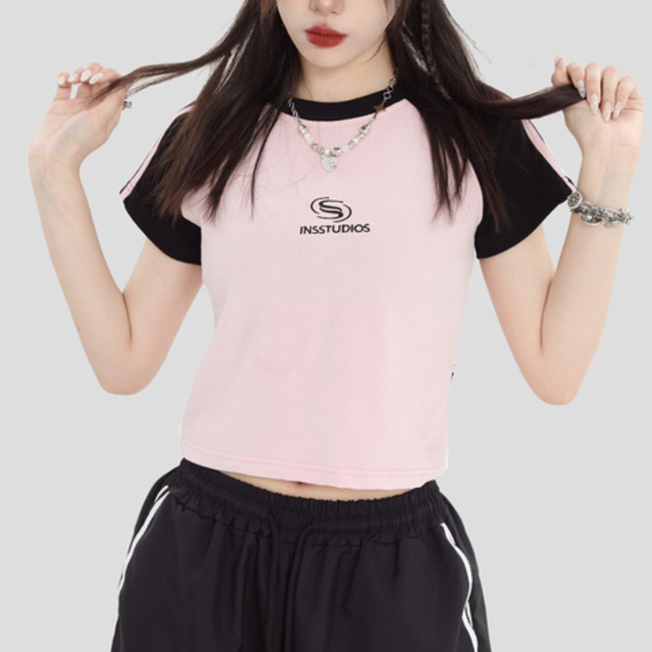 INSstudios レトロ配色ラグランボーダー 短丈カップルTシャツ