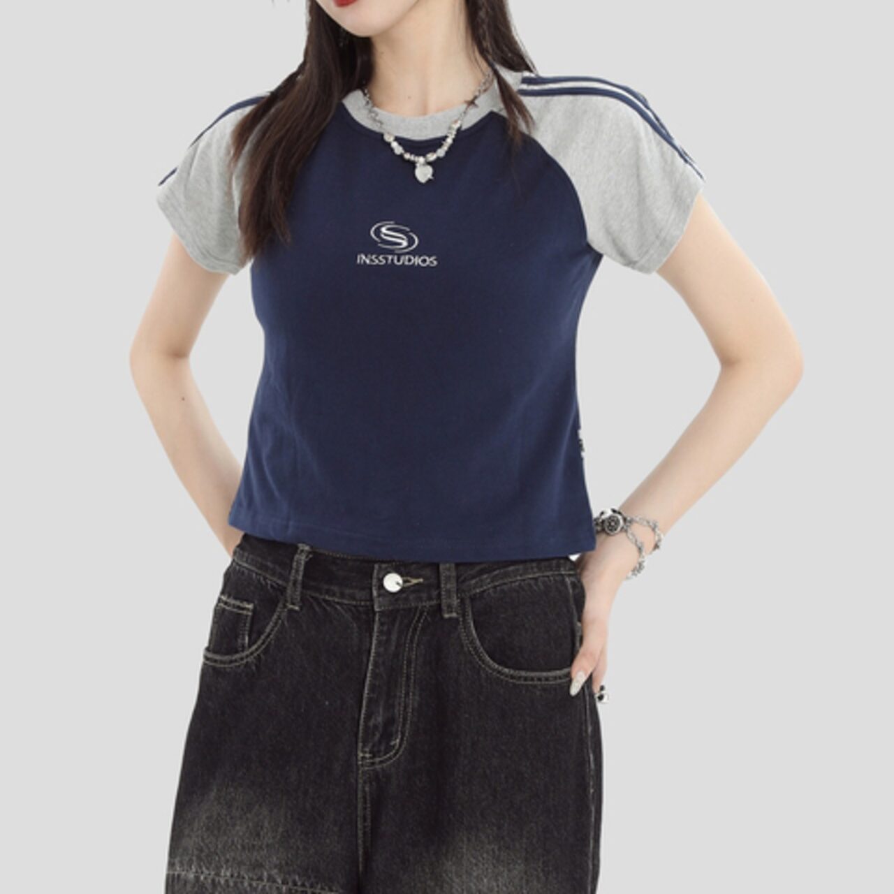 INSstudios レトロ配色ラグランボーダー 短丈カップルTシャツ