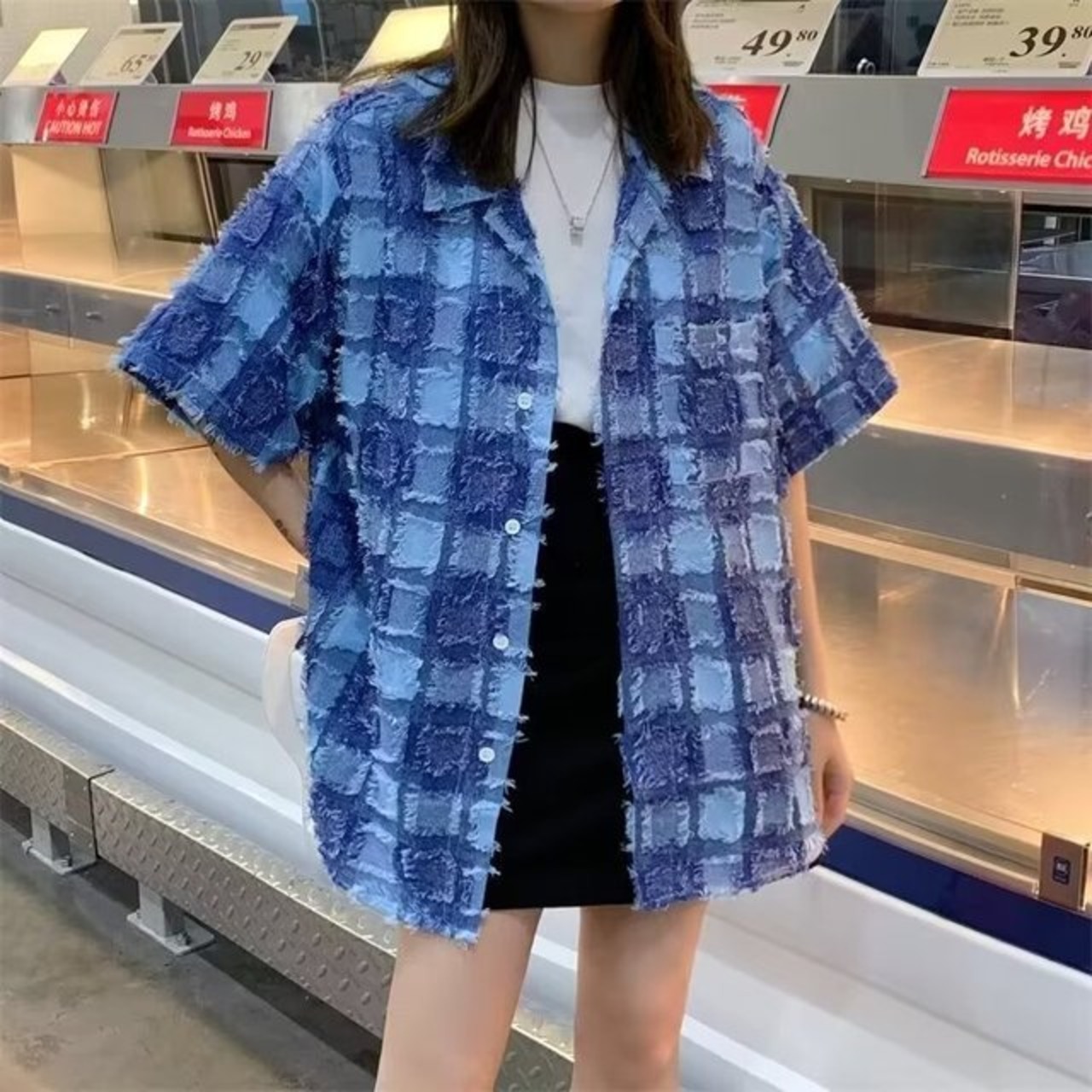 ペアルック 起毛チェック半袖シャツ ゆったりトレンドカップルウェア