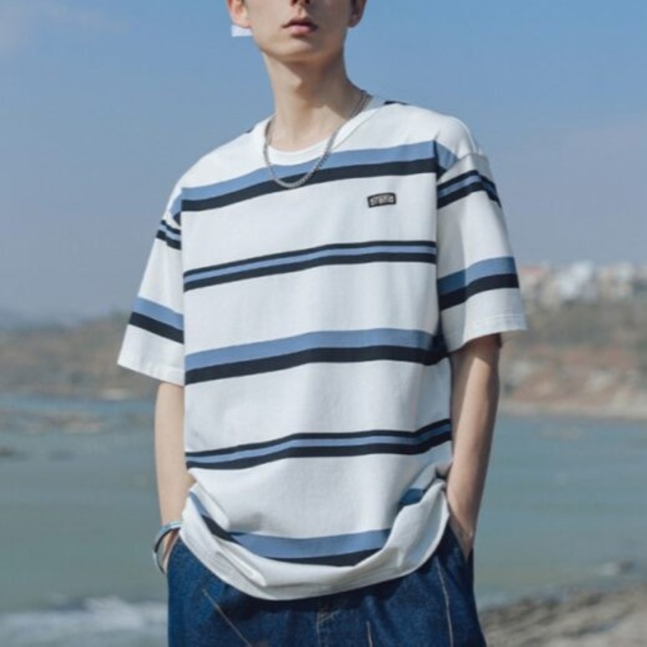 ペアルック カジュアルストライプ Tシャツ