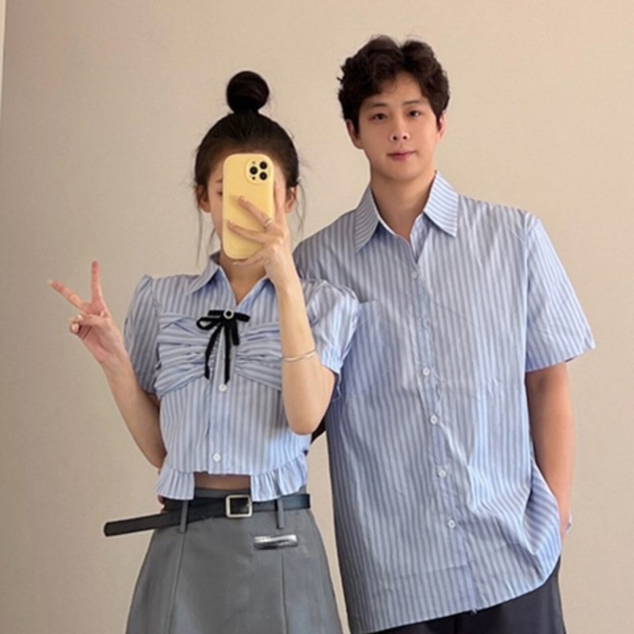 ペアルック 韓国カレッジ風ブルーストライプ半袖シャツ&ウエストスリムスカート