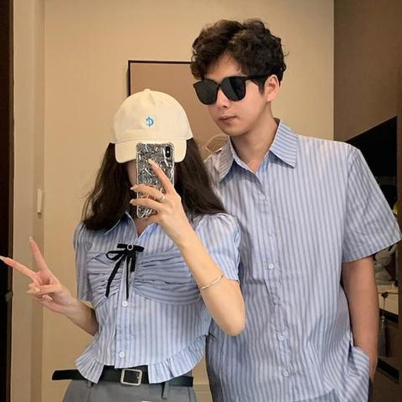 ペアルック 韓国カレッジ風ブルーストライプ半袖シャツ&ウエストスリムスカート