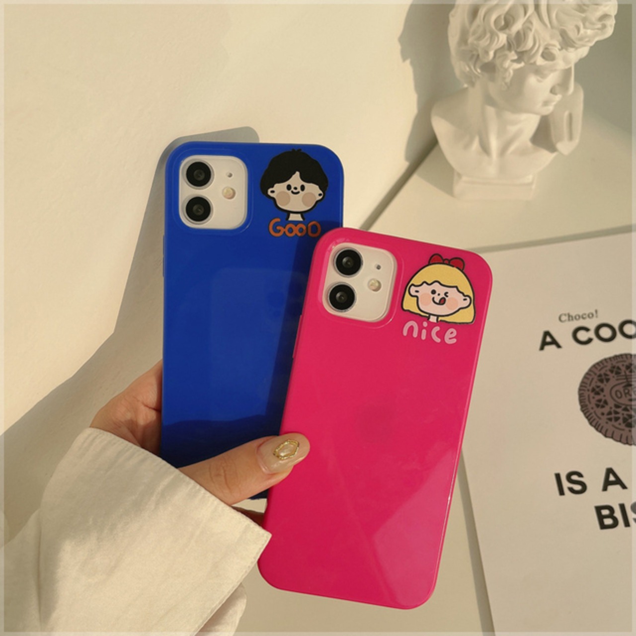お揃い かわいいクッキーキャラ スマホケース (ピンク＆ブルー)