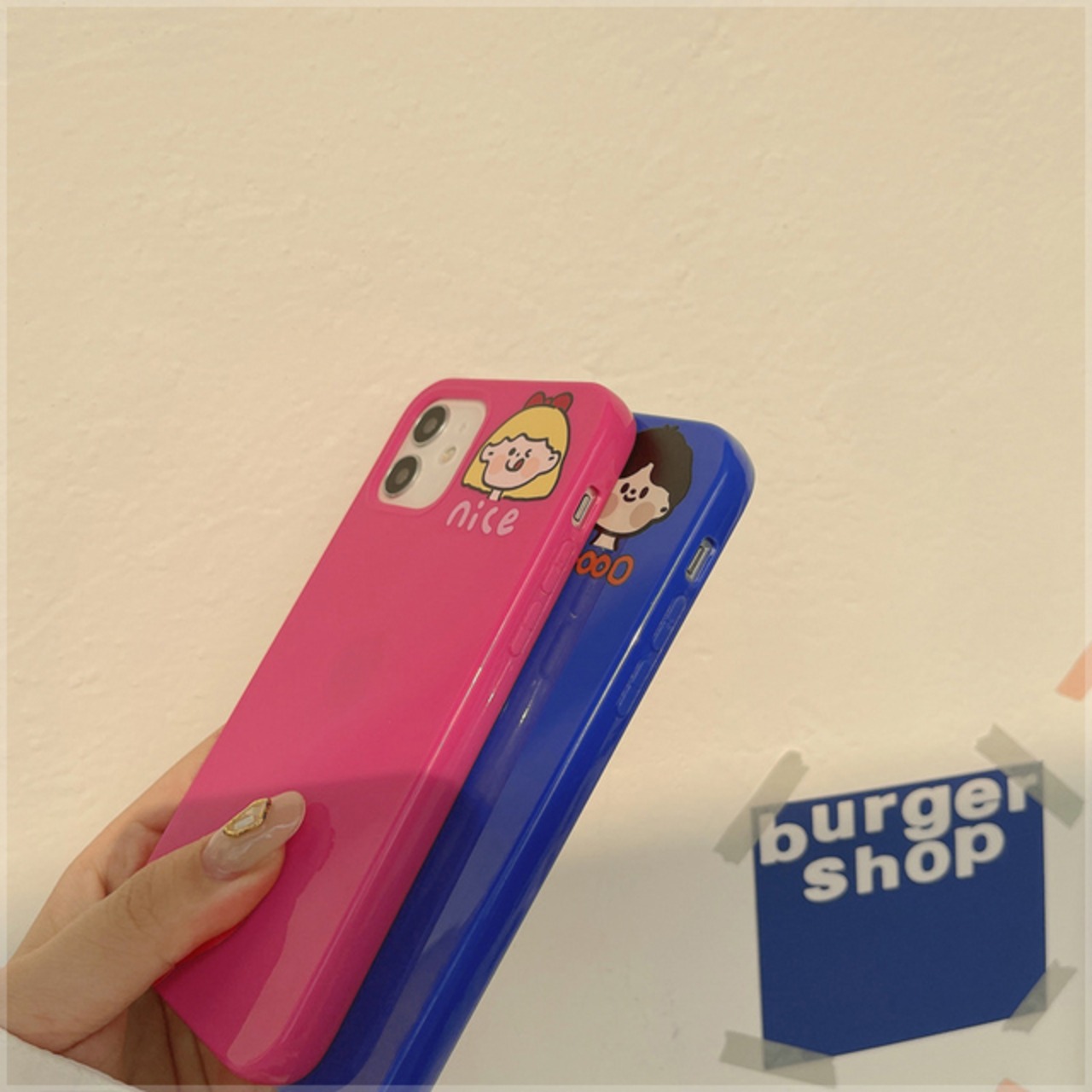 お揃い かわいいクッキーキャラ スマホケース (ピンク＆ブルー)