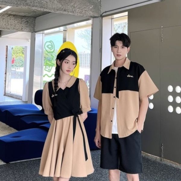 ペアルック ニッチデザイン 半袖シャツ&ワンスカート トレンドスーツ