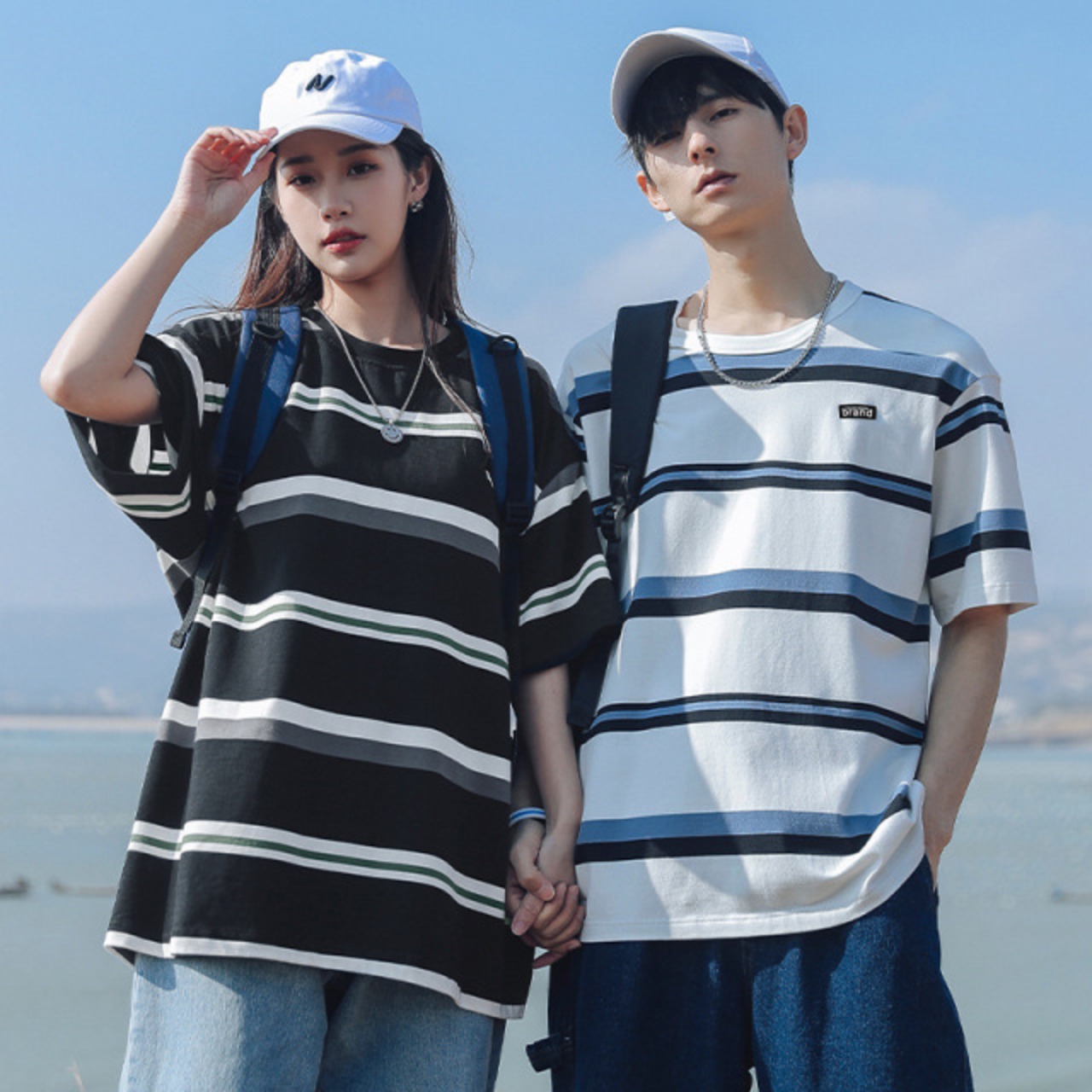ペアルック カジュアルストライプ Tシャツ