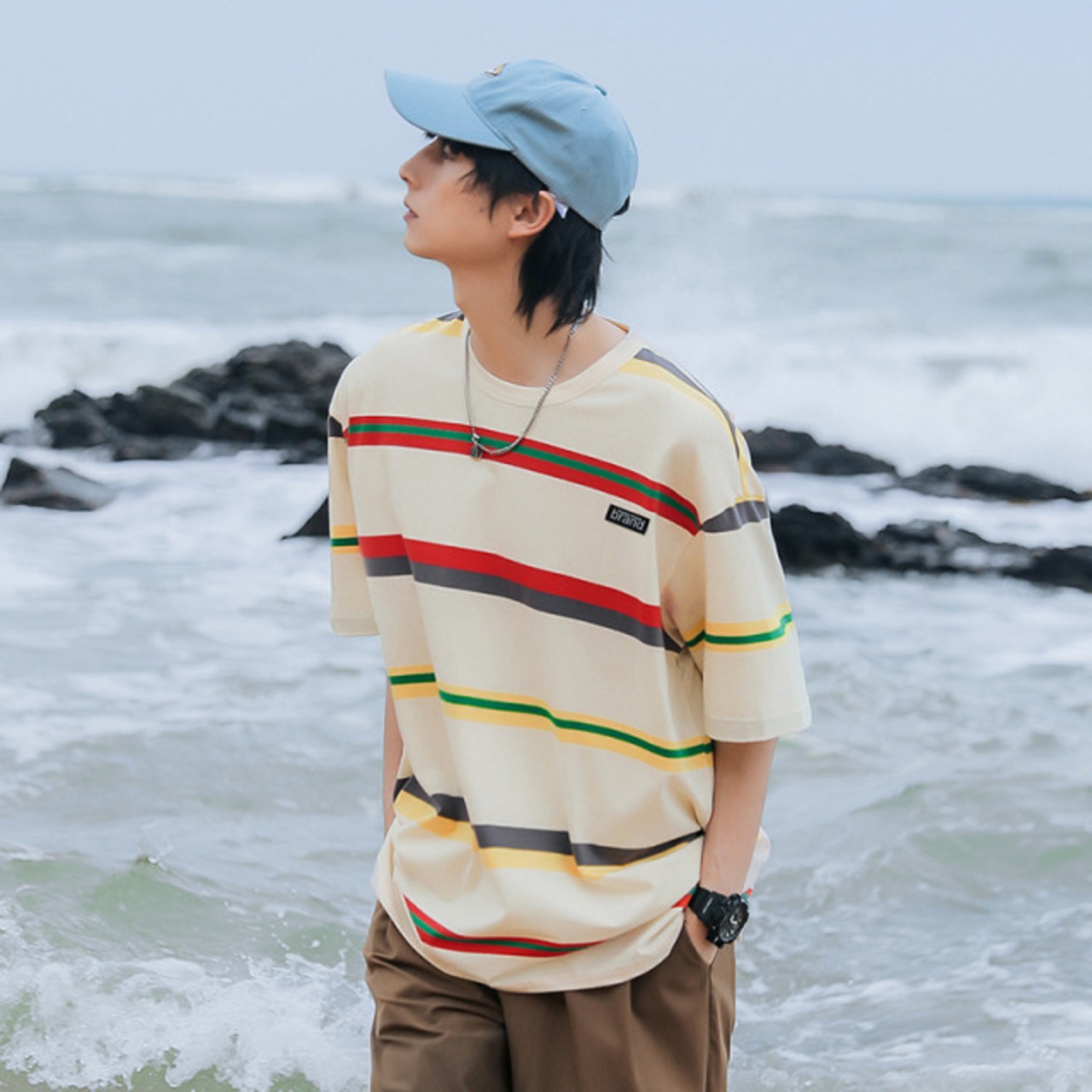 ペアルック カジュアルストライプ Tシャツ