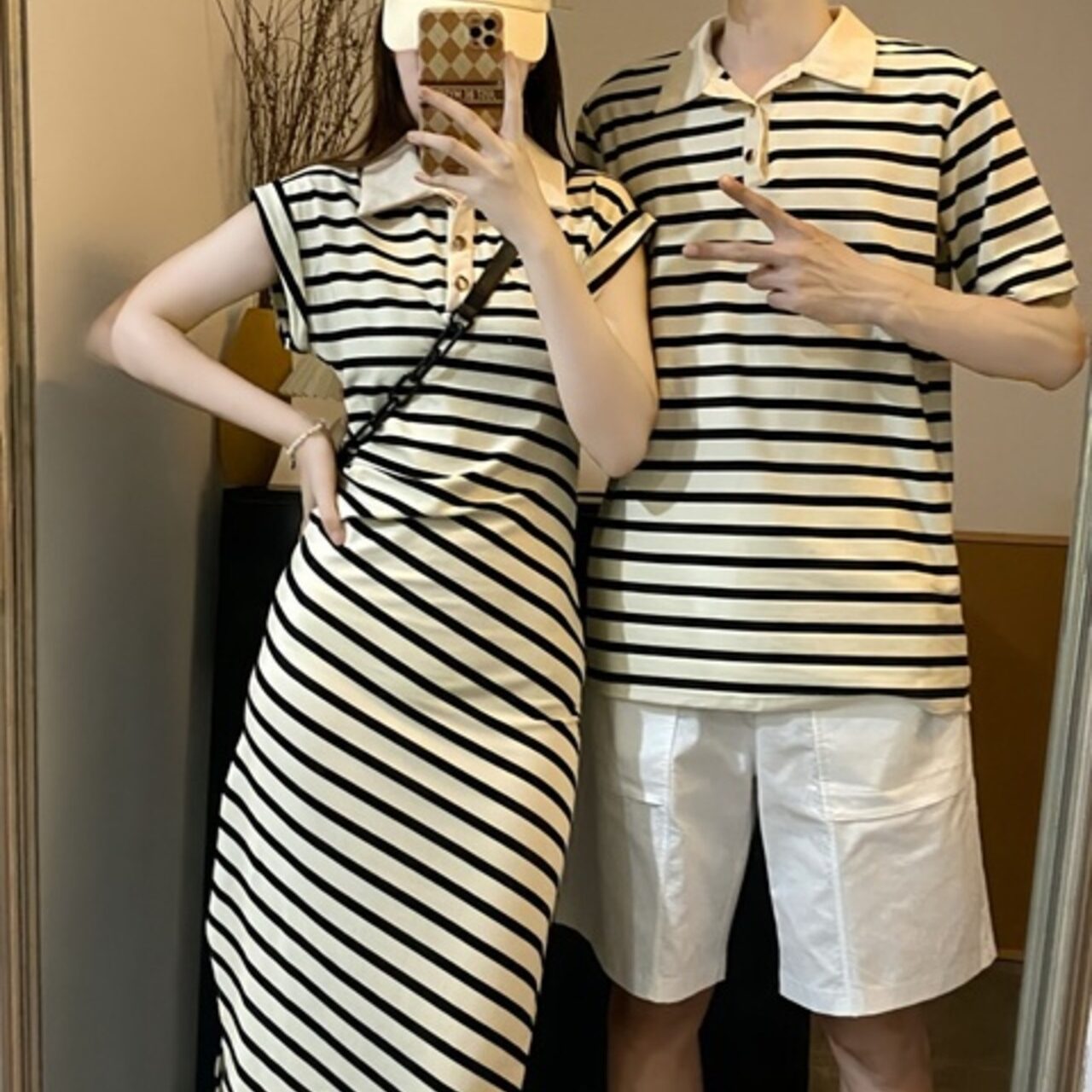 ペアルック 韓国ストライプポロ半袖＋フランス風プリーツドレス