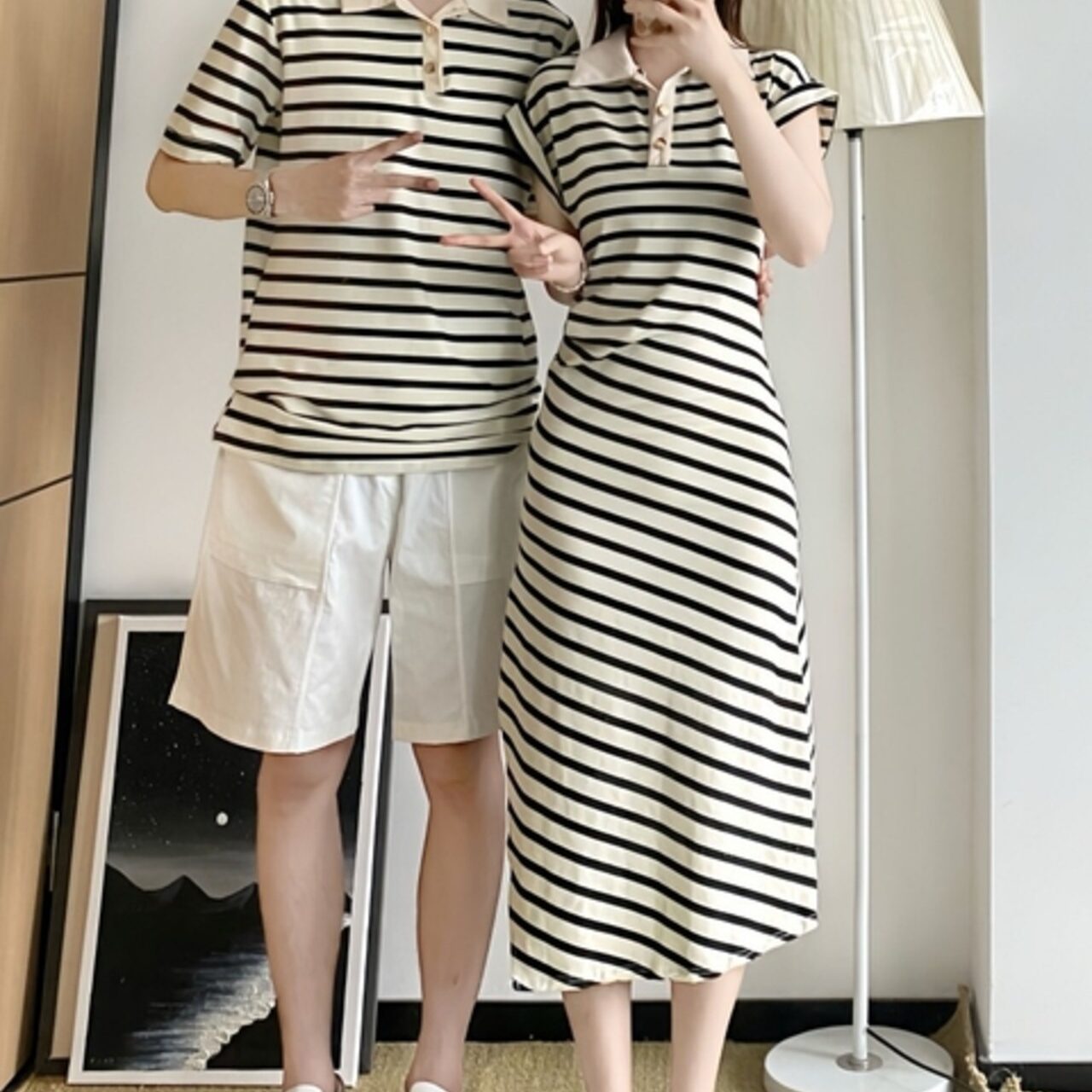 ペアルック 韓国ストライプポロ半袖＋フランス風プリーツドレス