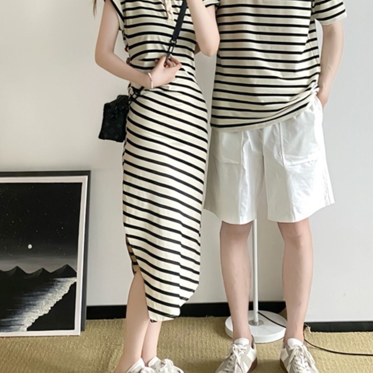 ペアルック 韓国ストライプポロ半袖＋フランス風プリーツドレス