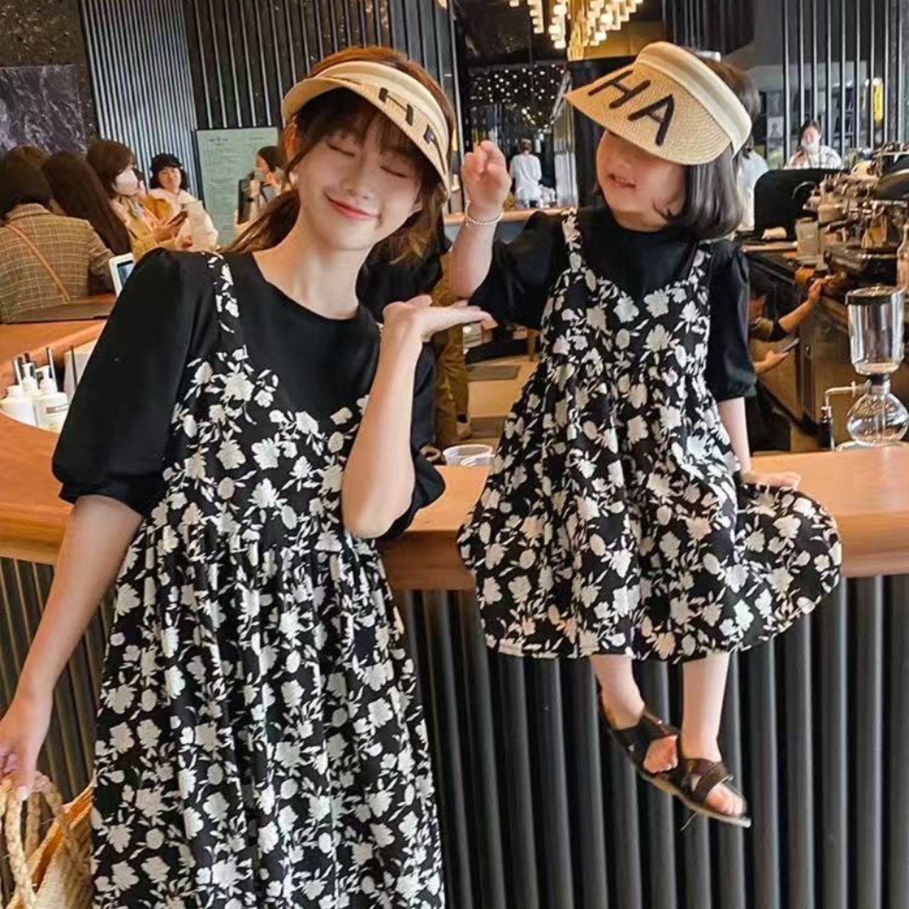 親子ペアルック 花咲く季節の フェイクツーピース 母娘ワンピース