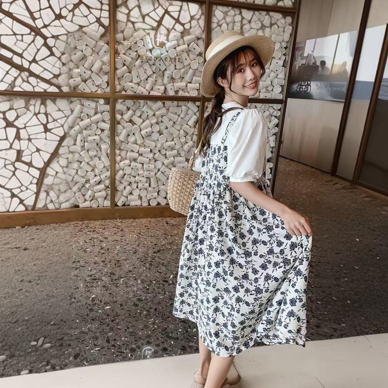 親子ペアルック 花咲く季節の フェイクツーピース 母娘ワンピース