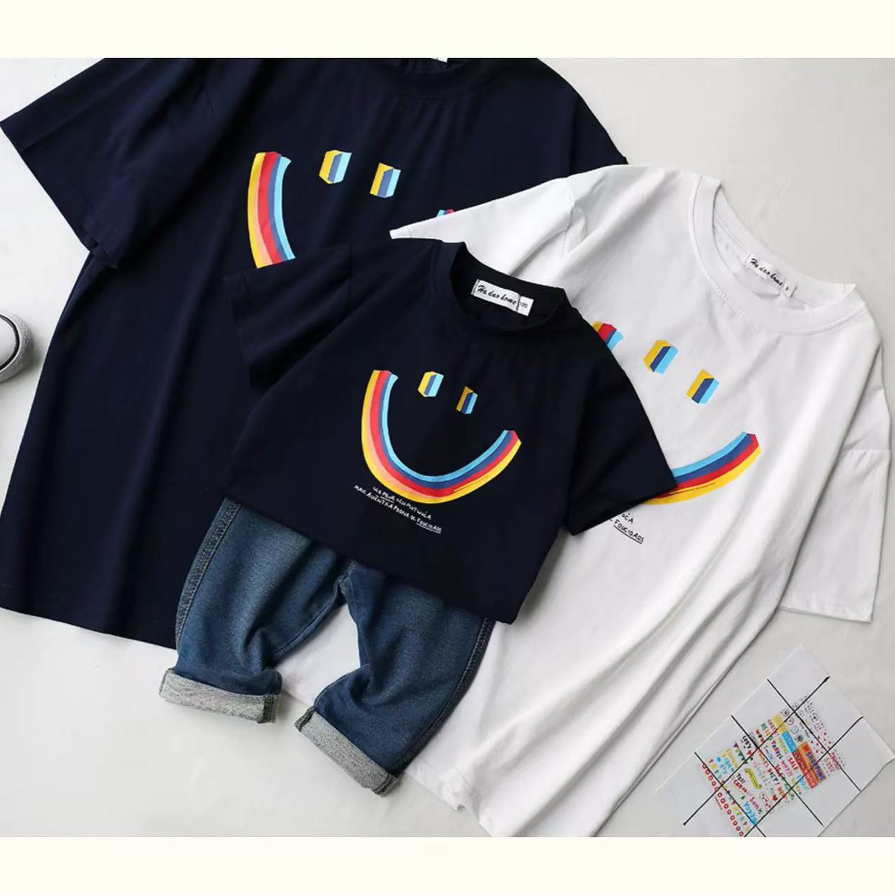 親子ペアルック レインボースマイルTシャツ