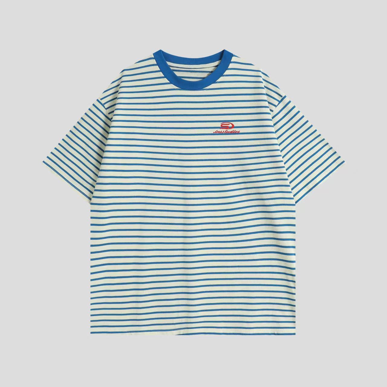 ペアルック 【INSstudios】 ロゴ入り ボーダー 半袖Tシャツ