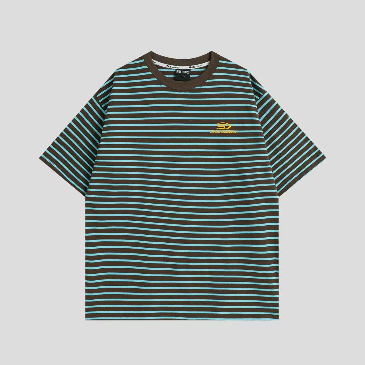 ペアルック 【INSstudios】 ロゴ入り ボーダー 半袖Tシャツ