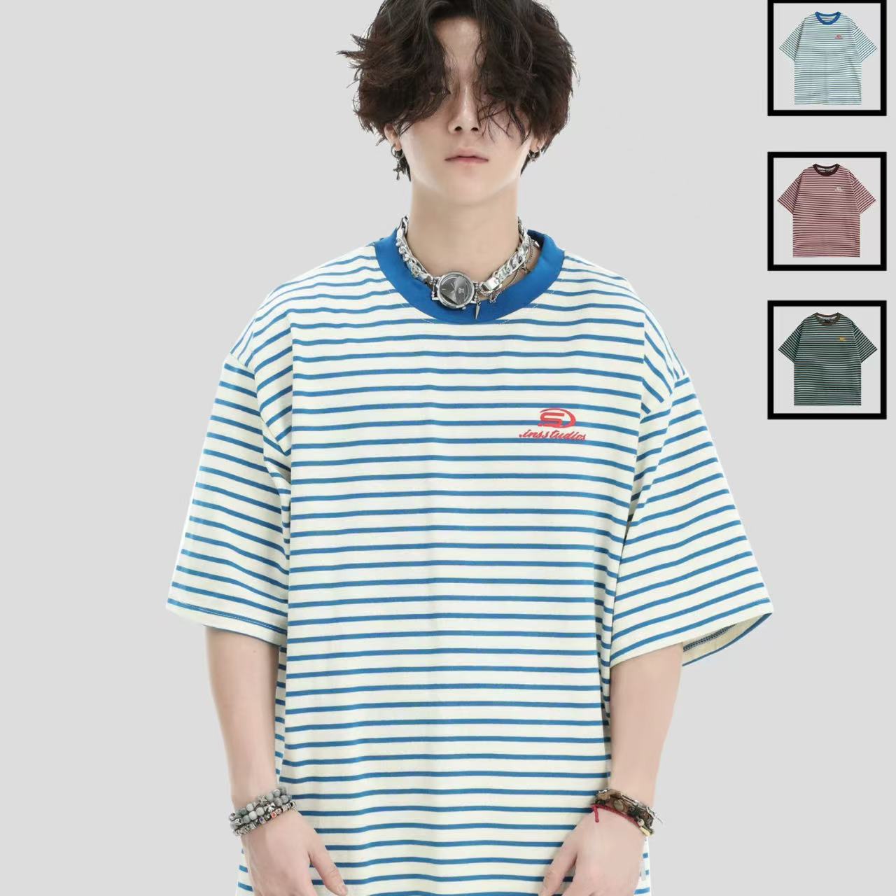 ペアルック 【INSstudios】 ロゴ入り ボーダー 半袖Tシャツ