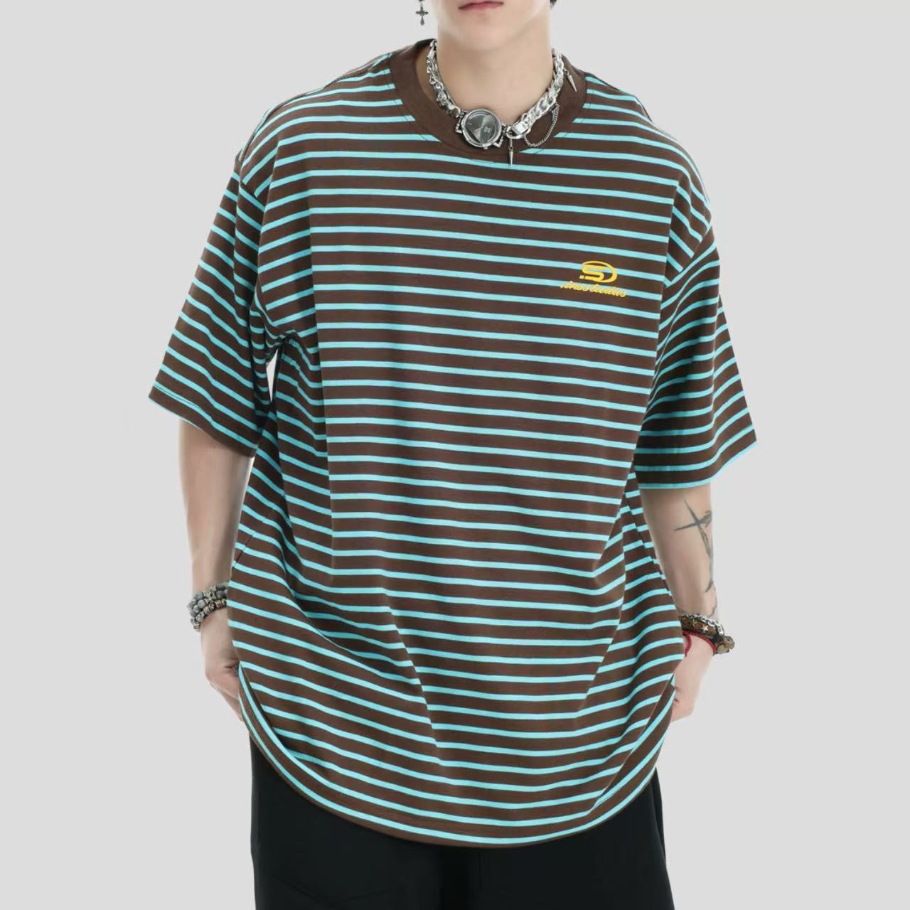 ペアルック 【INSstudios】 ロゴ入り ボーダー 半袖Tシャツ
