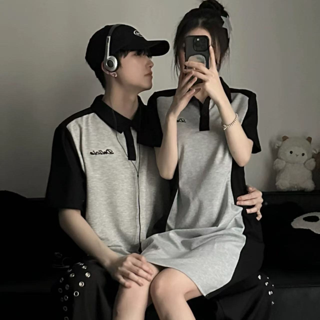 ペアルック　半袖ポロ襟Tシャツ ウエスト美ラインワンピース