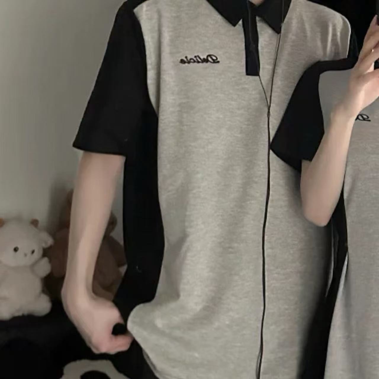 ペアルック　半袖ポロ襟Tシャツ ウエスト美ラインワンピース