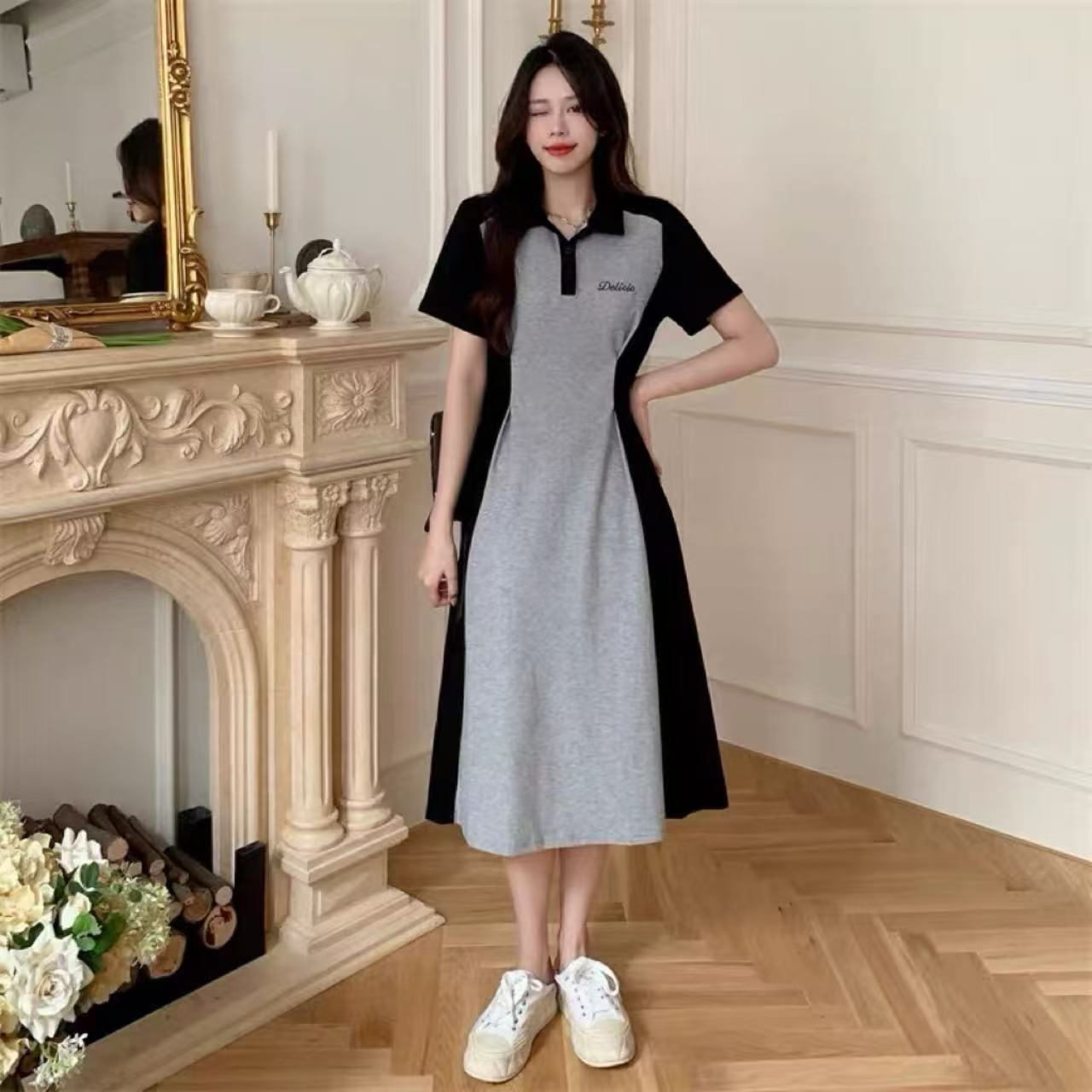 ペアルック　半袖ポロ襟Tシャツ ウエスト美ラインワンピース