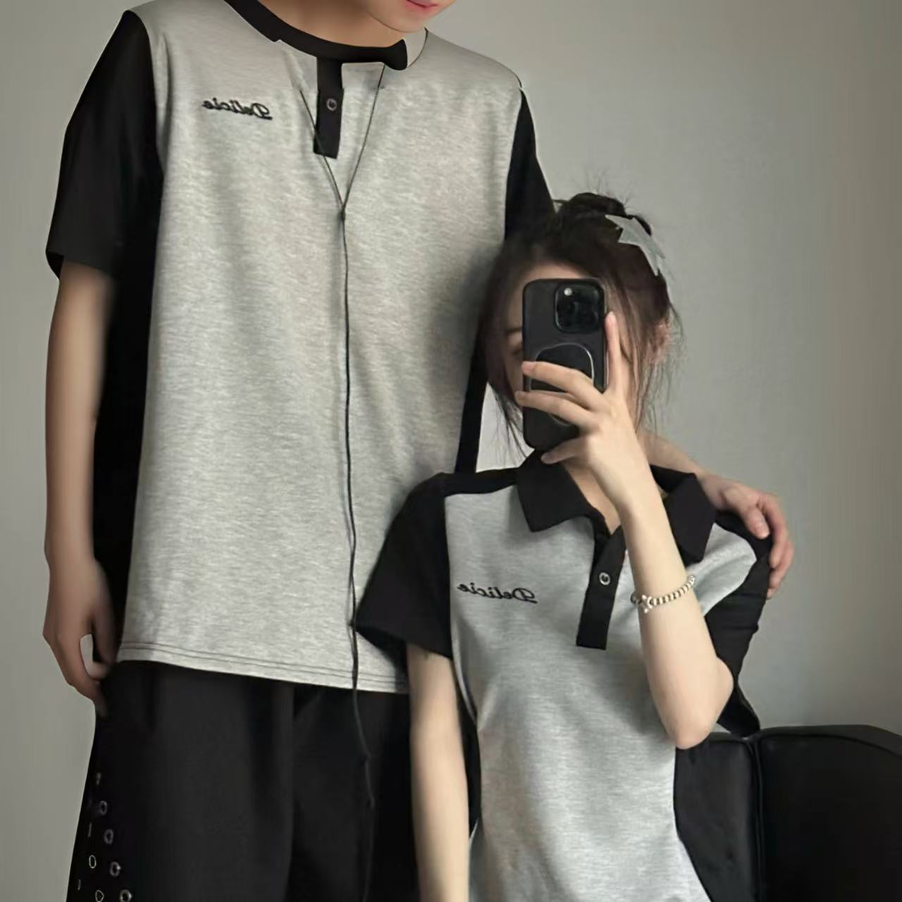 ペアルック　半袖ポロ襟Tシャツ ウエスト美ラインワンピース