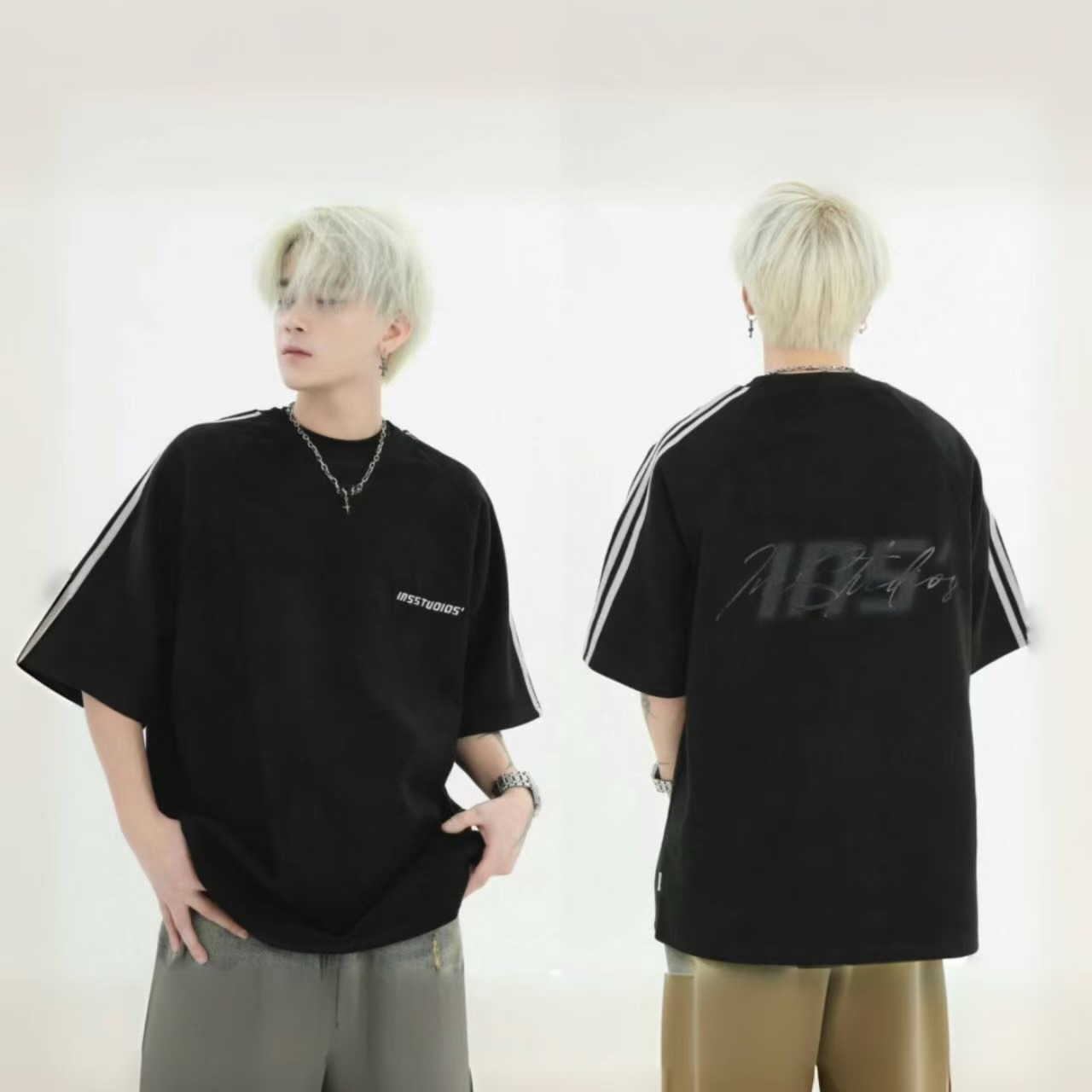 ペアルック 【INSstudios】 スエード調 ショルダーライン 半袖Tシャツ