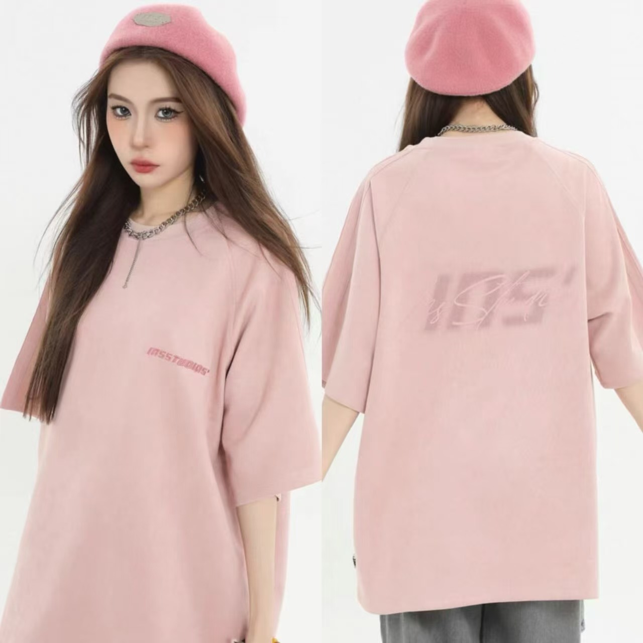ペアルック 【INSstudios】 スエード調 ショルダーライン 半袖Tシャツ