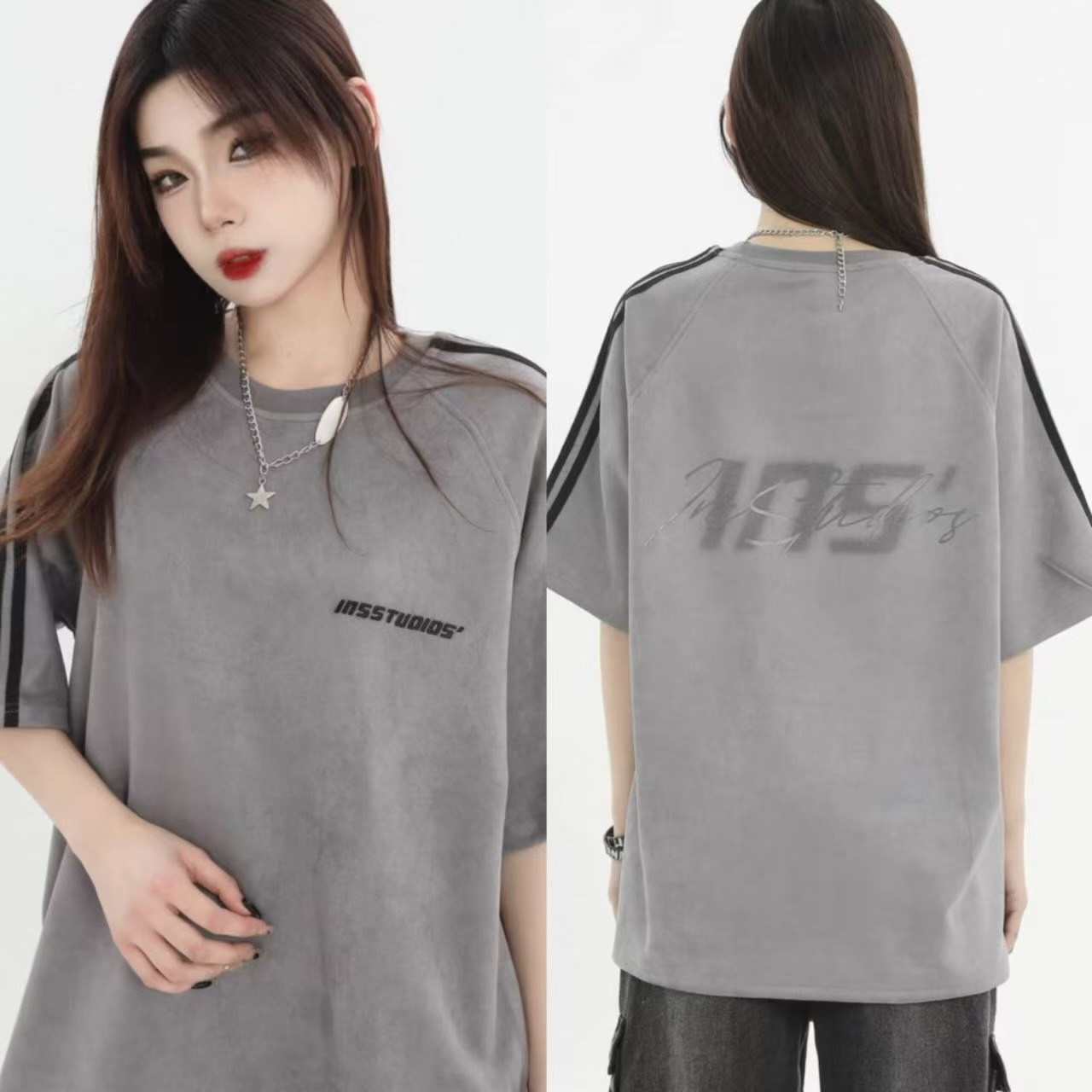 ペアルック 【INSstudios】 スエード調 ショルダーライン 半袖Tシャツ