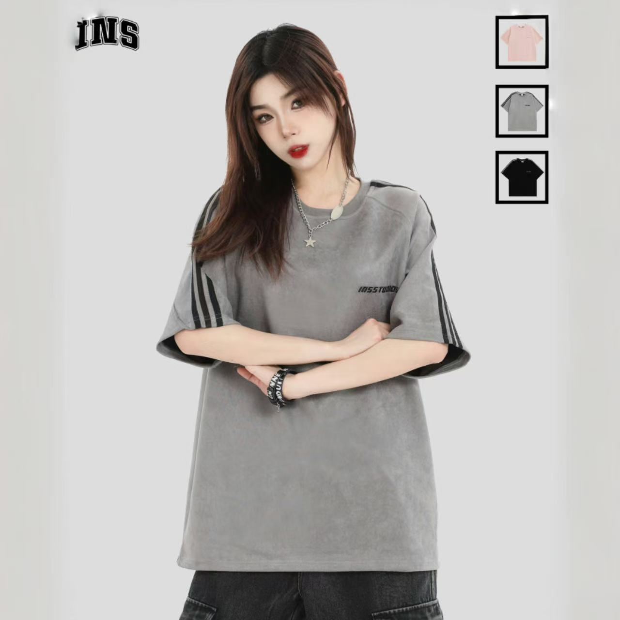 ペアルック 【INSstudios】 スエード調 ショルダーライン 半袖Tシャツ