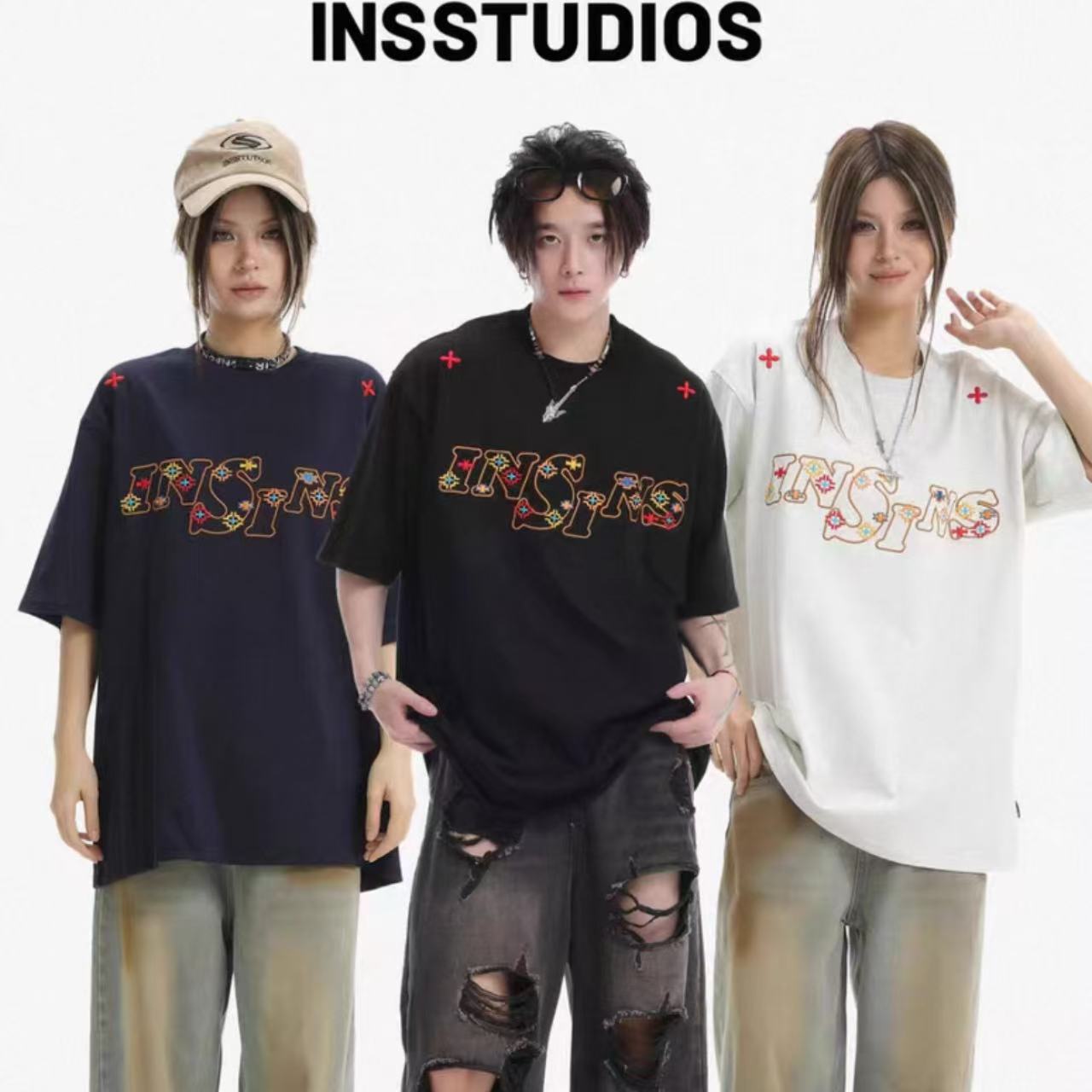 ペアルック 【INSstudios】 ヴィンテージ風 ロゴ刺繍 半袖Tシャツ 幾何学デザイン