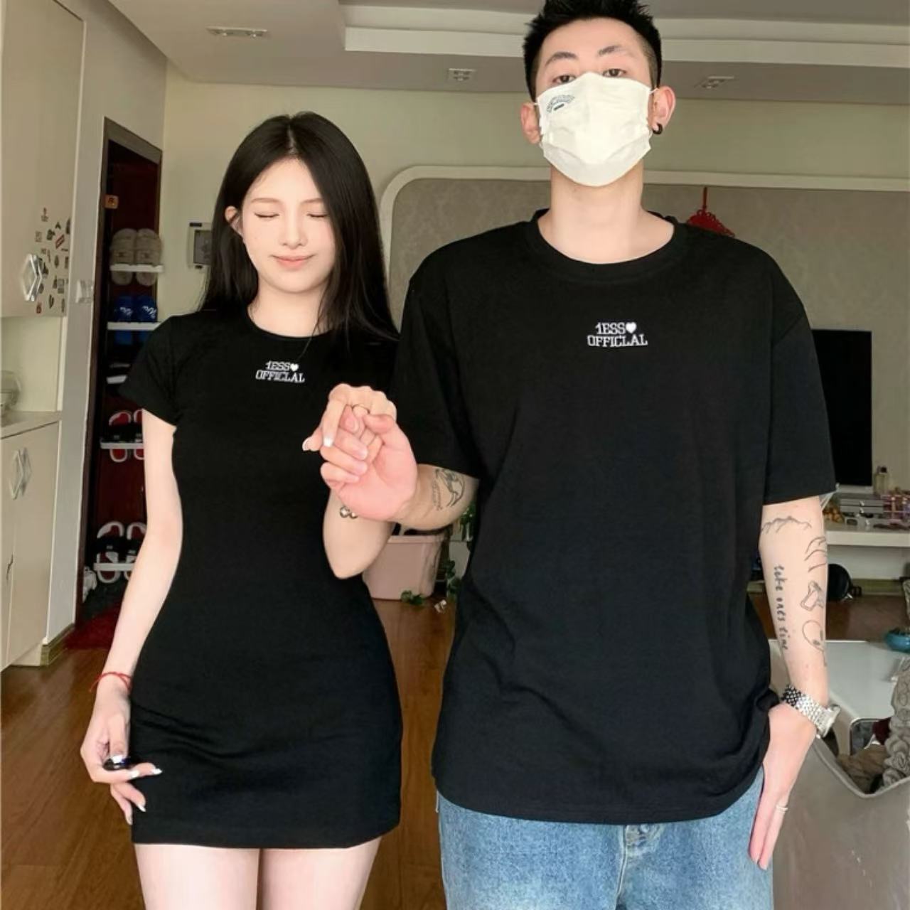 ペアルック ロゴ刺繍入り 韓国風Tシャツ フレンチミニワンピ－ス
