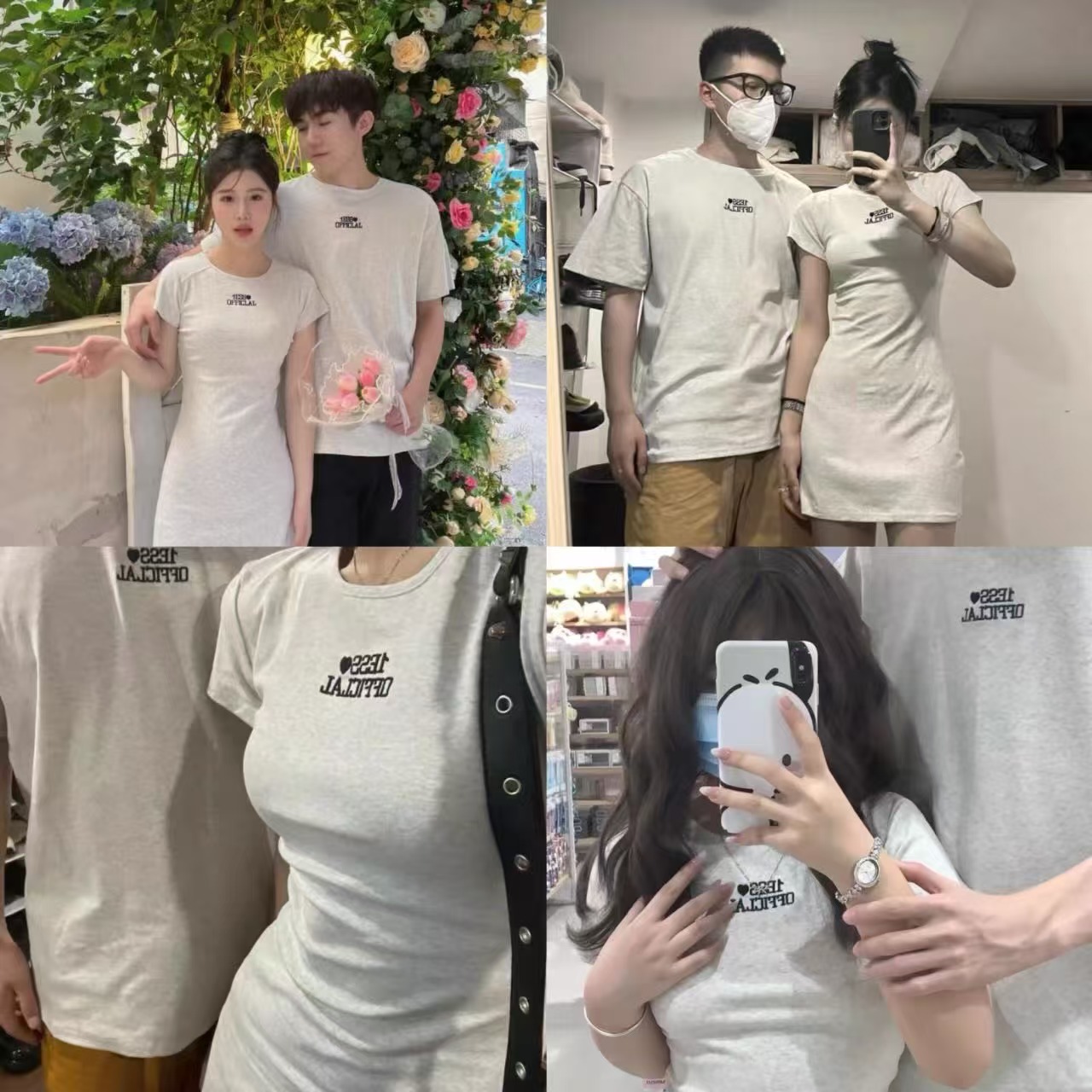 ペアルック ロゴ刺繍入り 韓国風Tシャツ フレンチミニワンピ－ス
