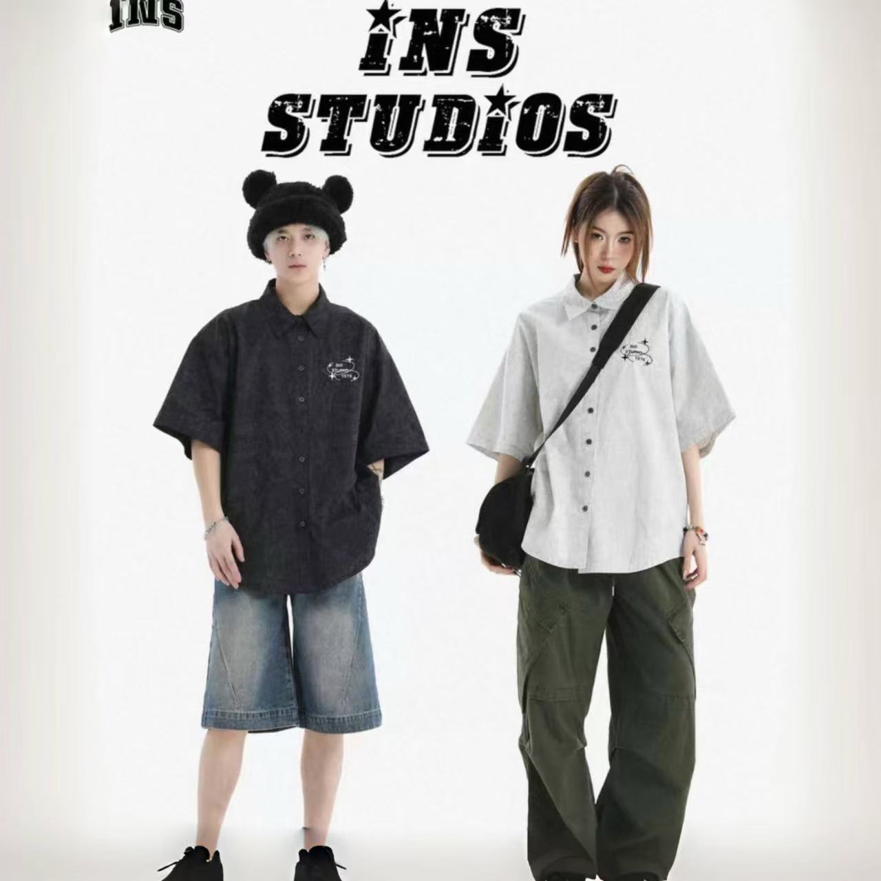 ペアルック 【INSstudios】 星型ロゴ入り ウォッシュド加工 半袖シャツ