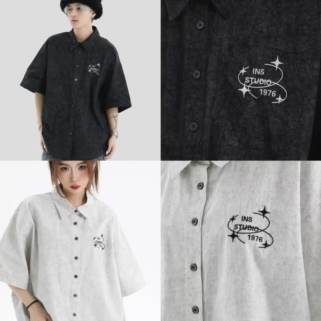 ペアルック 【INSstudios】 星型ロゴ入り ウォッシュド加工 半袖シャツ