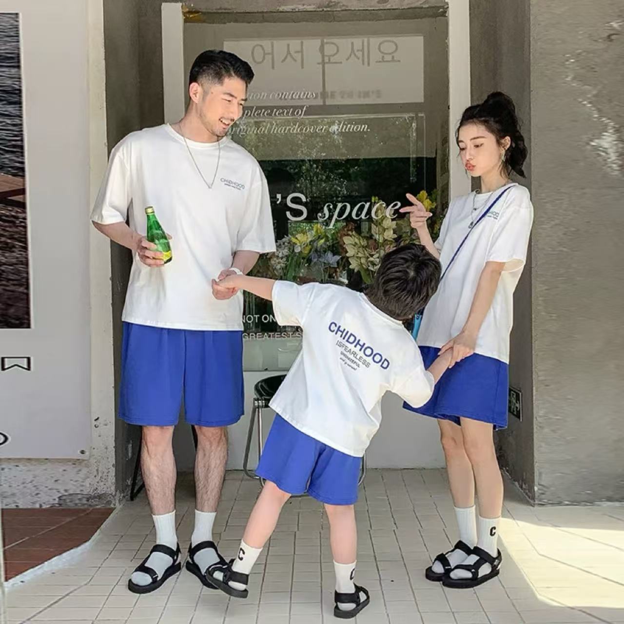 親子ペアルック CHIDHOOD プリントTシャツ＆ハーフパンツ