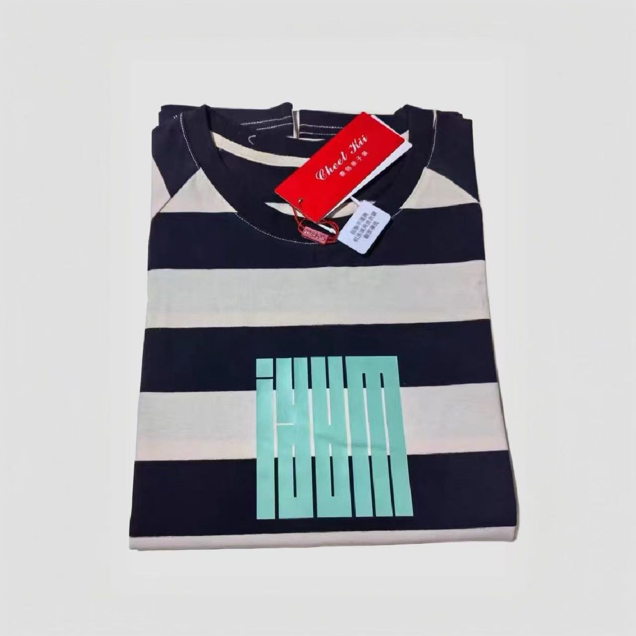 親子ペアルック ベージュボーダー×グリーンロゴTシャツ