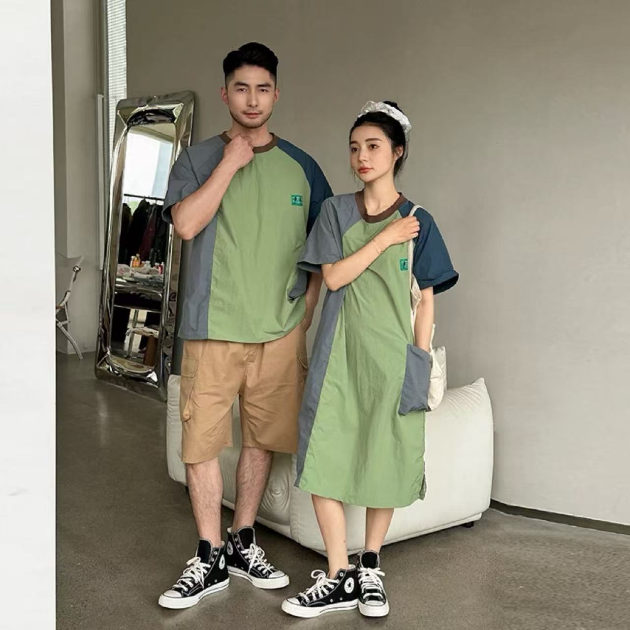 親子ペアルック 配色Tシャツ＆リンクワンピース
