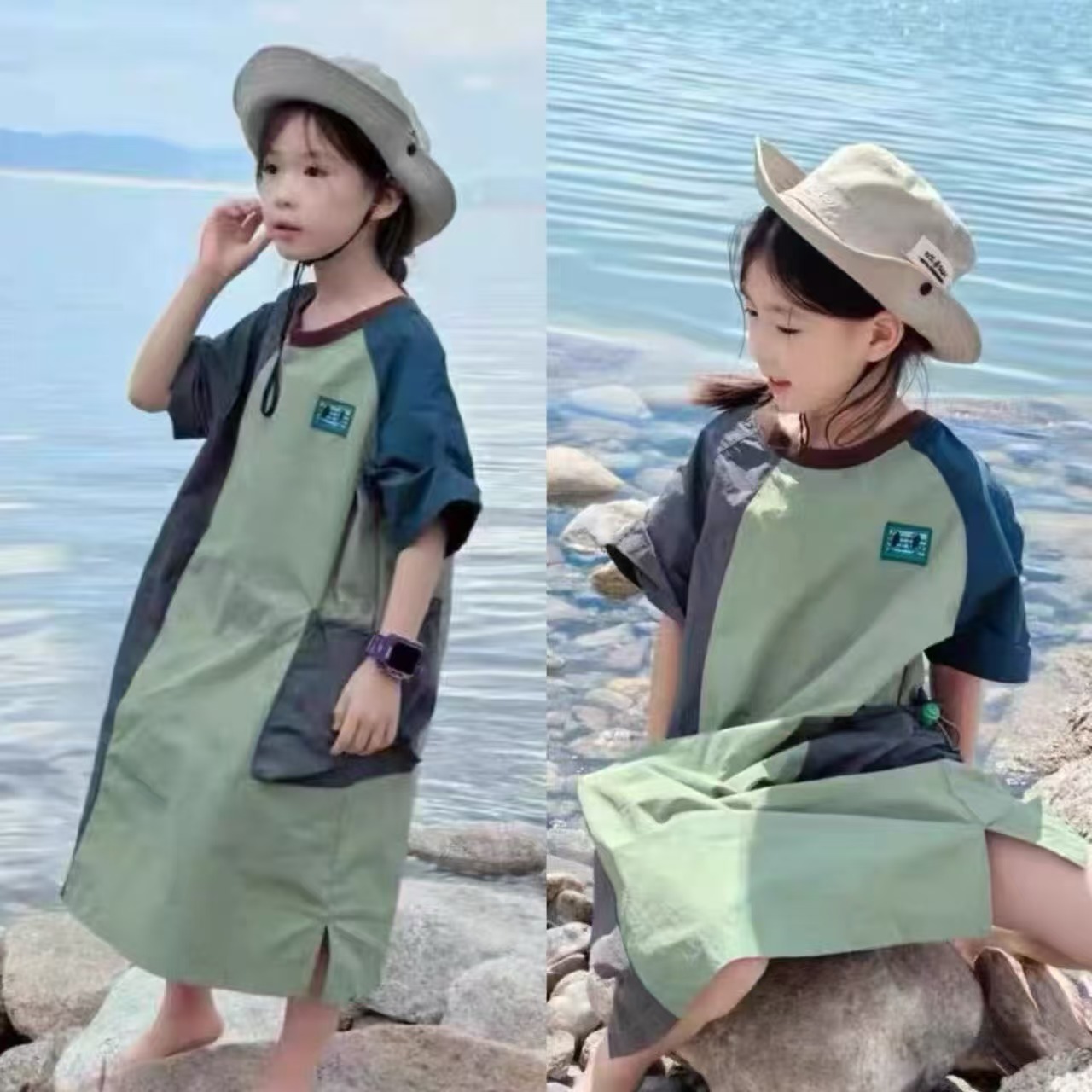 親子ペアルック 配色Tシャツ＆リンクワンピース