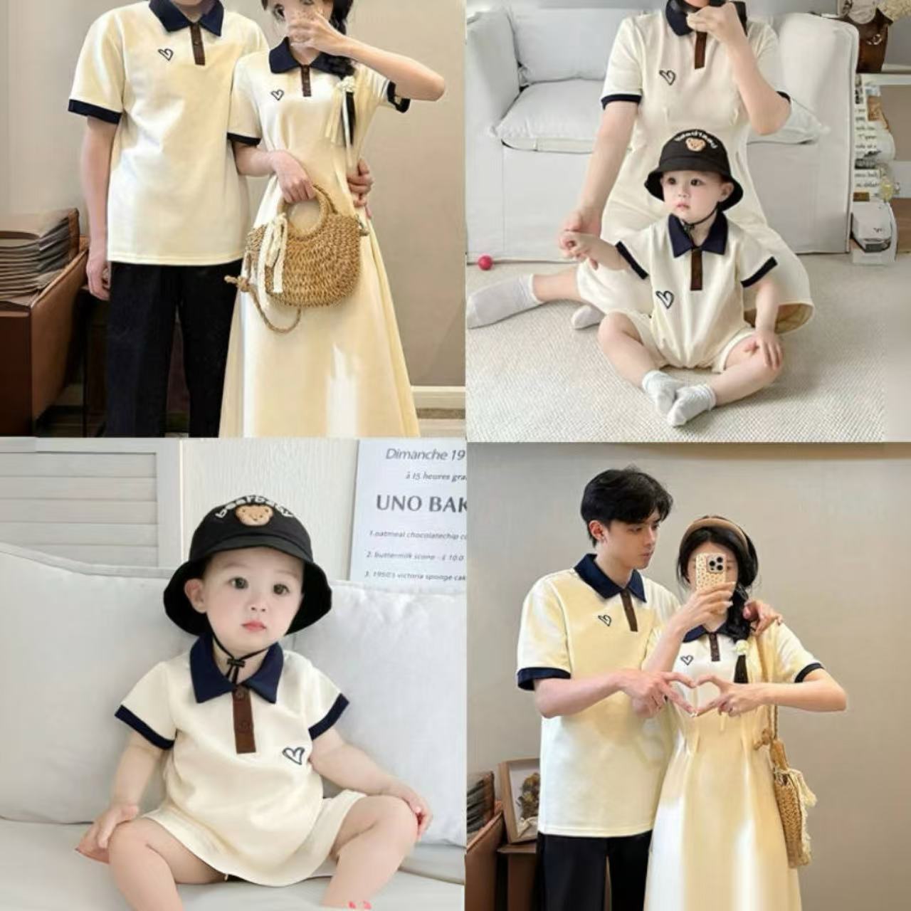 親子ペアルック ハートリンク 胸元ロゴが可愛いポロ＆ワンピース