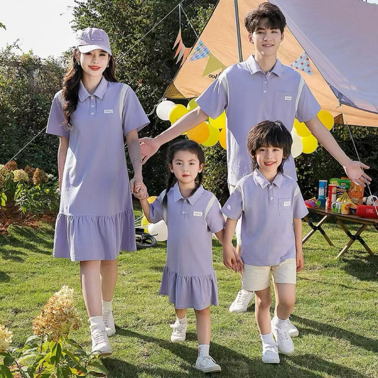 親子ペアルック パープルカラーリンク ポロ＆ワンピース