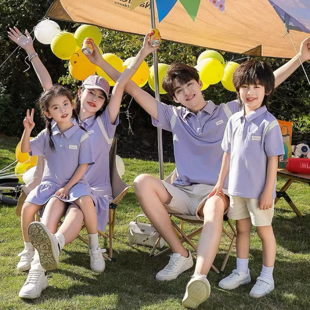 親子ペアルック パープルカラーリンク ポロ＆ワンピース