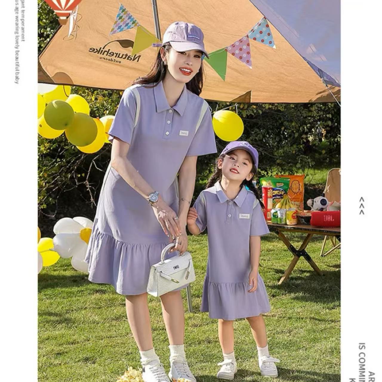 親子ペアルック パープルカラーリンク ポロ＆ワンピース