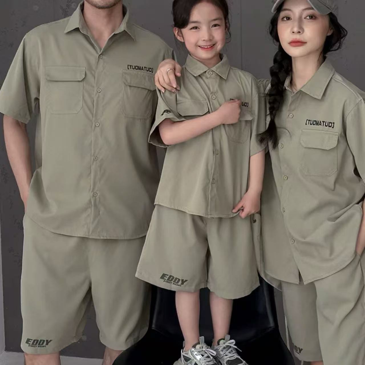 親子ペアルック カーキシャツ＆ハーフパンツの夏コーデセット