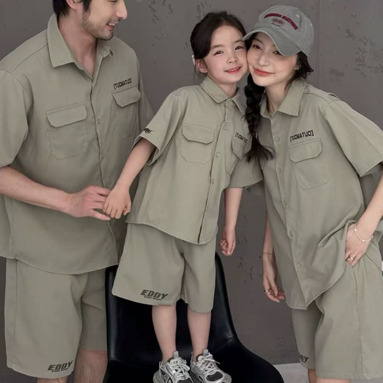 親子ペアルック カーキシャツ＆ハーフパンツの夏コーデセット